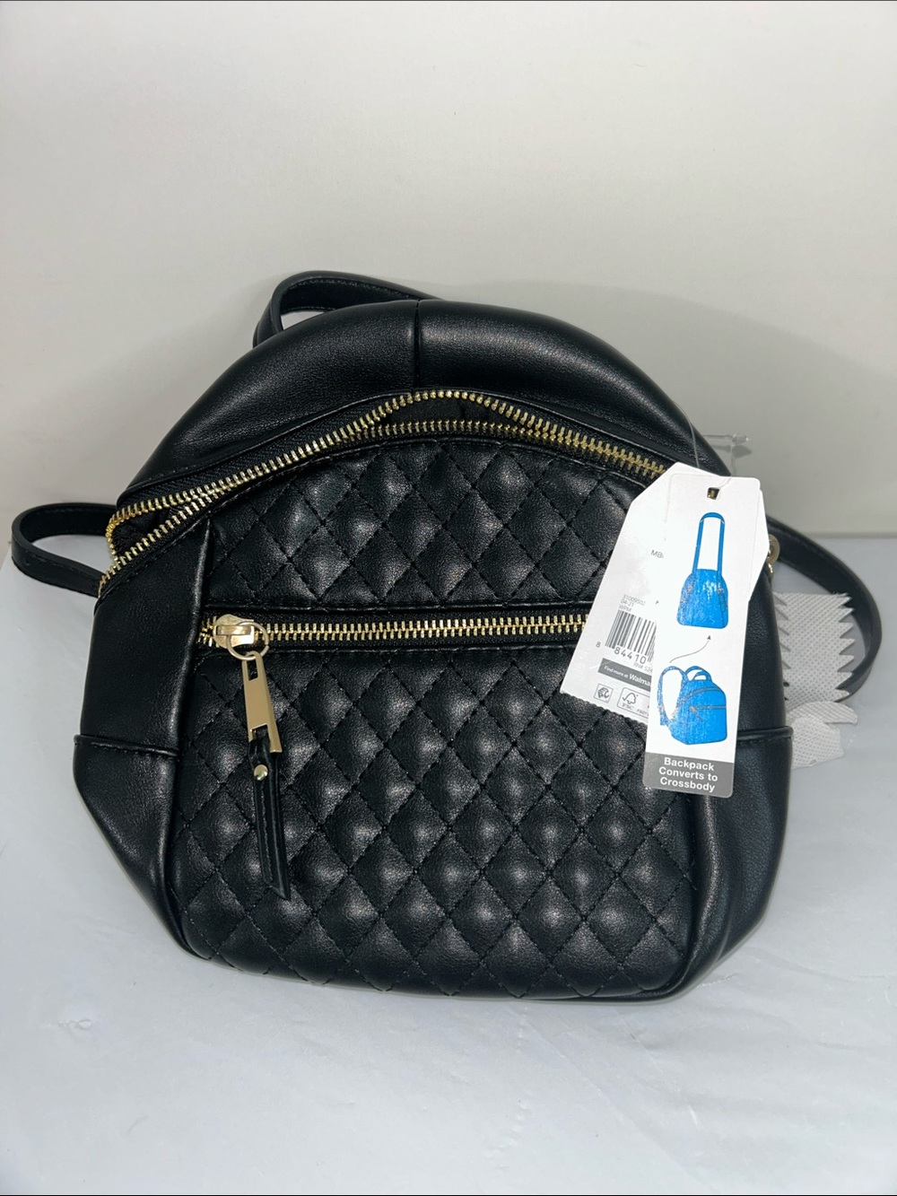 Time and Tru Black Quilted Faux Leather Mini Backpack with Gold Hardware